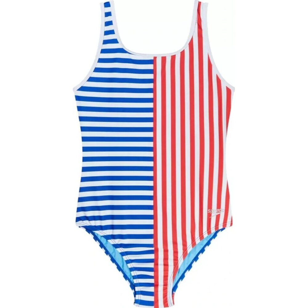 Speedo Girls' Stripe Blocked One Piece Swimsuit Red White Blue True Cobalt Sz 12